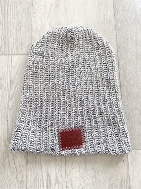 Love Your Melon | Gray and White Marled Knit Beanie with Leather Patch